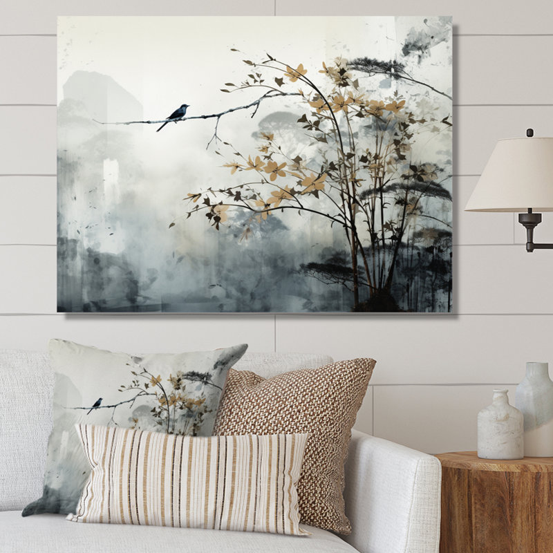 «Asian Art Sumi Bird Serenity XVII», art mural asiatique, Toile tendue, H 12 po x l 20 po x P 1 po
