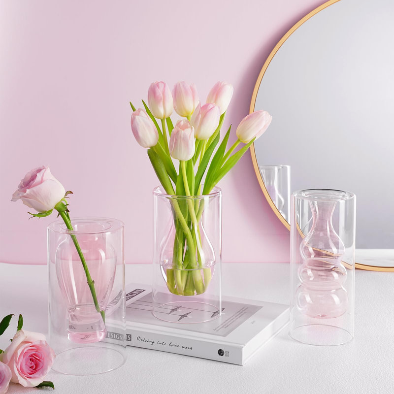 Vases à fleurs, vases décoratifs flottants modernes, vases en verre frais à double creux, ensemble de 3, (rose), Rose