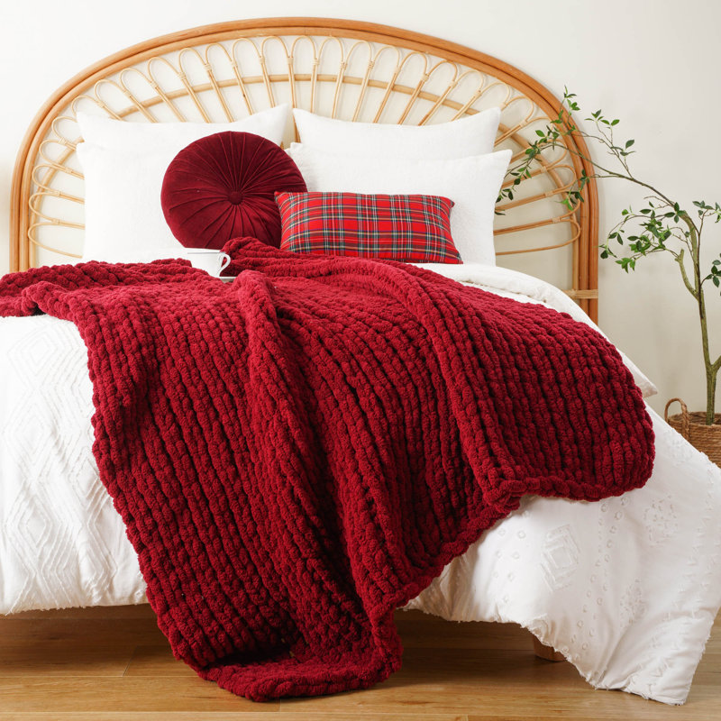 Jeté épais en tricot, jeté doux et épais en chenille, jeté en tricot fait à la main 50 po x 60, Rouge