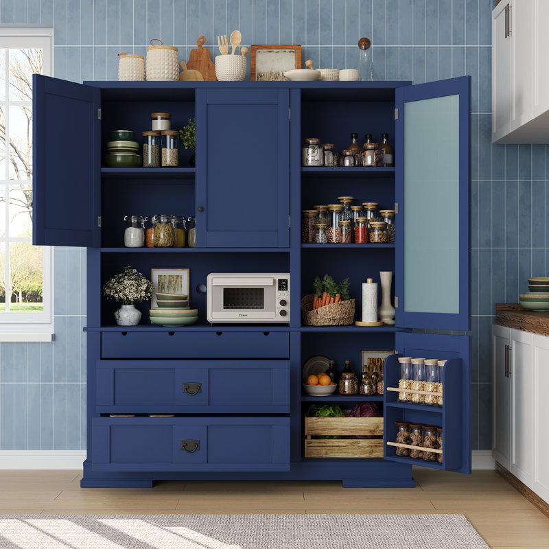 Grande armoire de cuisine avec huche, tiroirs et tablettes réglables Nelson, Bleu