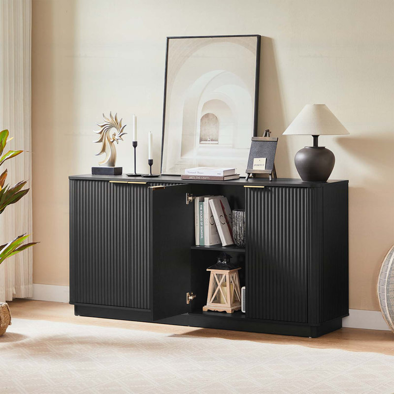 Buffet à rayures verticales avec rangement, forme ondulée, Noir