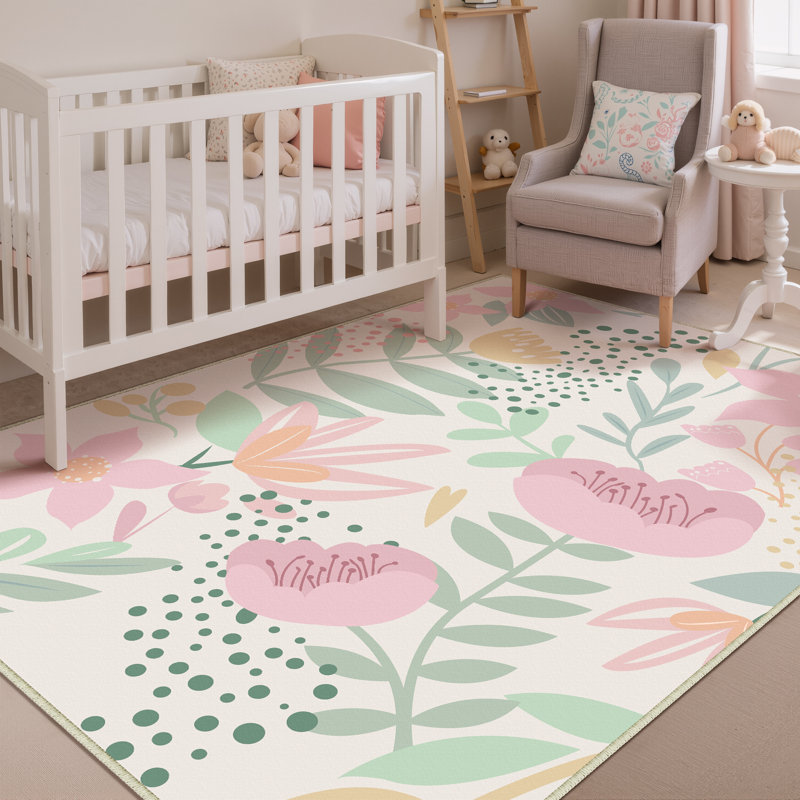 Cherry Machine Washable Floral Area Rug With Non-Slip Backing, Rectangle 3' x 5'