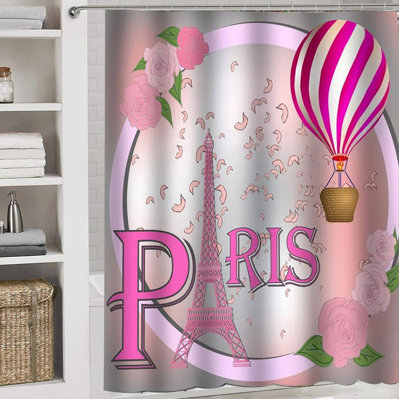Rideau de douche Paris Tour Eiffel, Tour de Paris avec fleurs Romance Lover Hot Air Balloon, rideau de douche d'anniversaire de mariage, rose