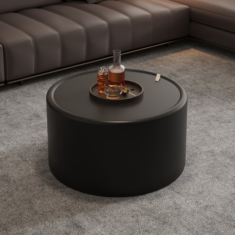 Table basse ronde en cuir PU avec plateau en verre trempé Katherine, Noir