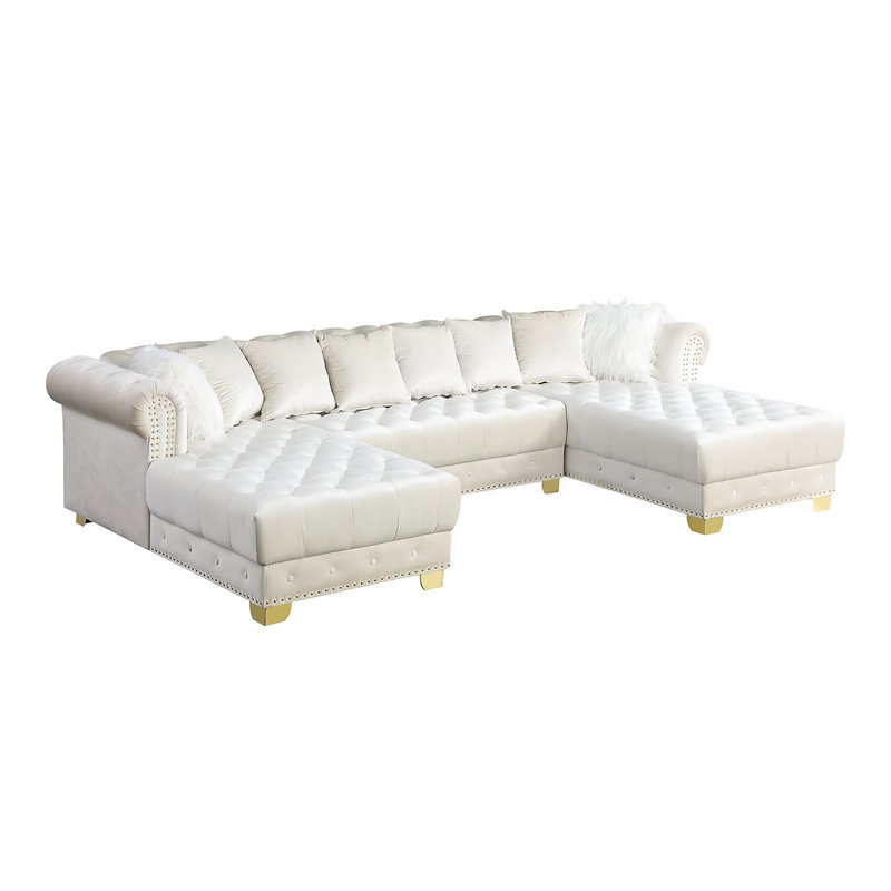 Florestan Velvet U-Shaped Sectional Symmetrical, Cream Velvet, Gold