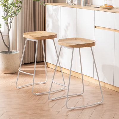 Bar Stools Set of 2 Rustic Counter Stools with Solid Wood Saddle Seat & Metal Legs, Backless Kitchen Island Stools for Breakfast Bar & Home Decor