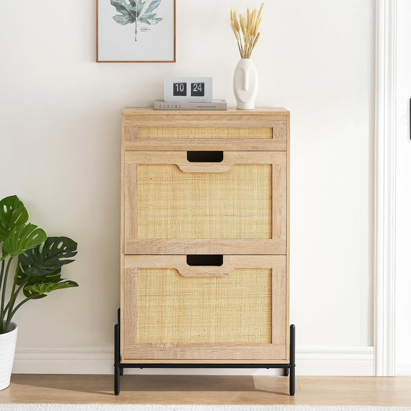 Entryway Shoe Cabinet With 2 Drawers, Slim Wooden Shoe Organizer With Linen Front Panels, Natural Wood