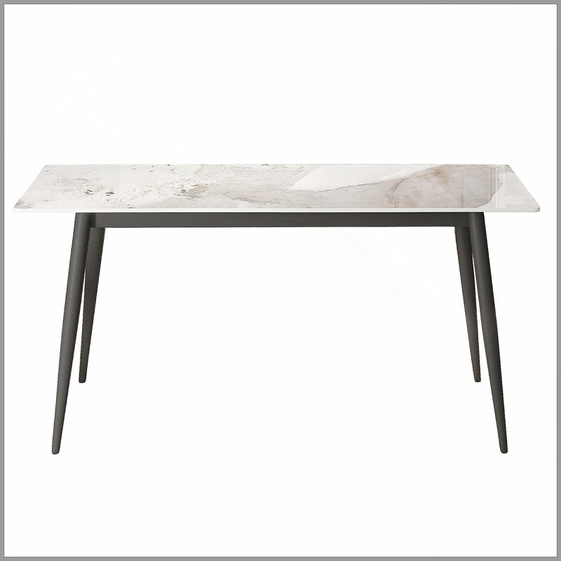 Table de salle à manger moderne moderne en pierre artificielle blanche avec bord droit et pieds en métal noir, pour 6 à 8 personnes