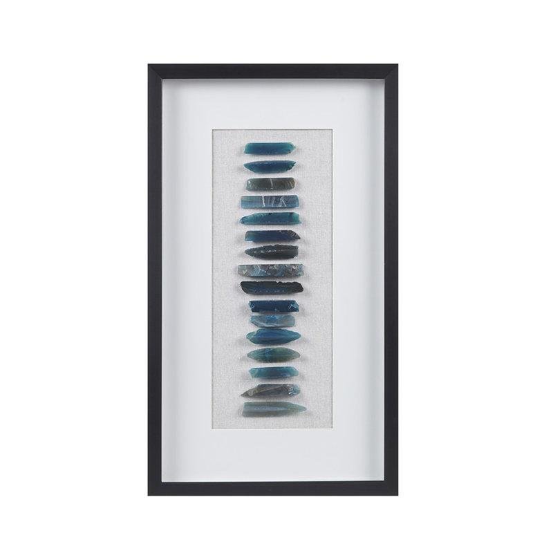 Décoration murale dimensionnelle avec cadre en agate bleue - agate de Céruléen naturelle, fond blanc doux, protection en verre, cadre noir, suspension pour art intérieur, céruléen teinté, base et anneaux 4 D