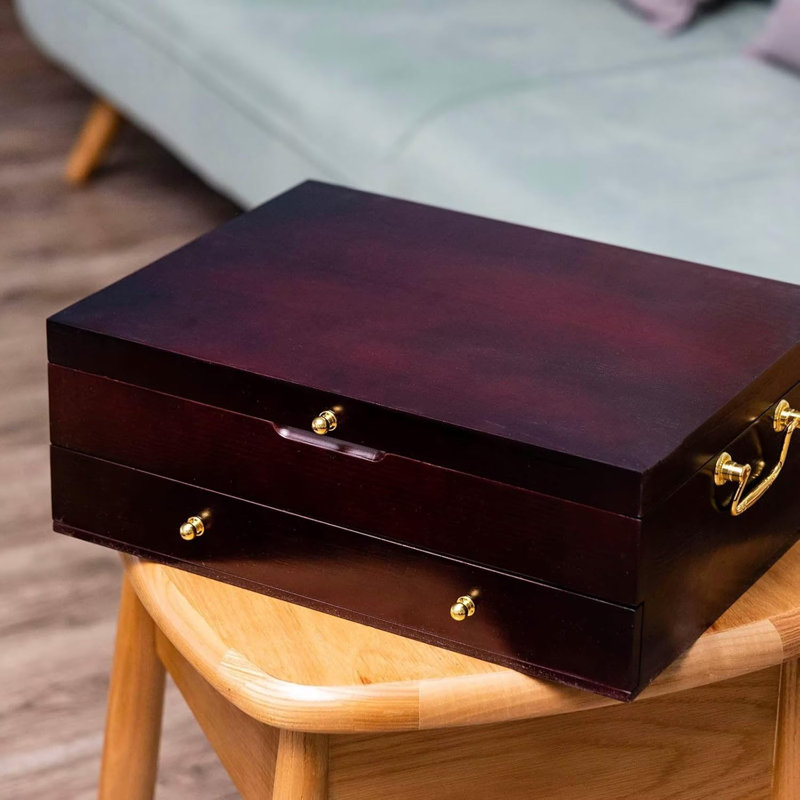 **Elegant Wooden Silverware Storage Box with Handle | Felt-Lined Flatware Chest for 12+ Utensil Sets**