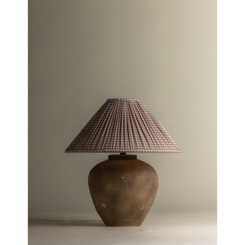 Calabria Table Lamp With Bloom Slate Shade, Gingham Brown Shade