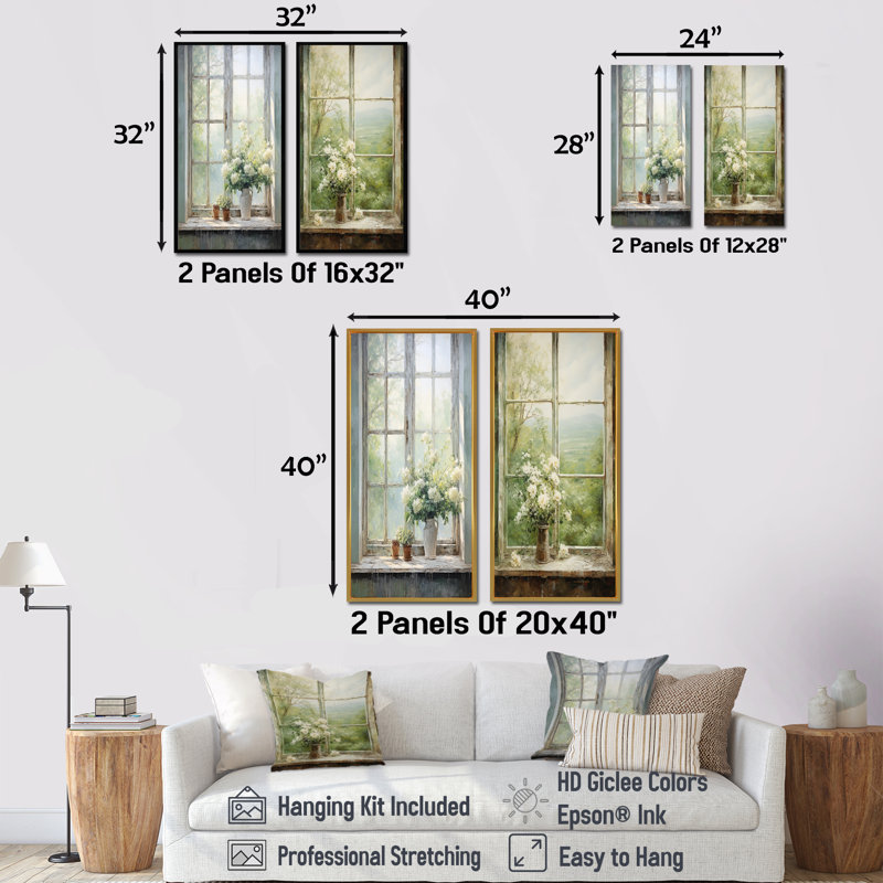 «Countryside Calm Blooms Farm Windows I», ensemble de 2 impressions sur toile, Encadrement doré, H 32 po x l 33 po