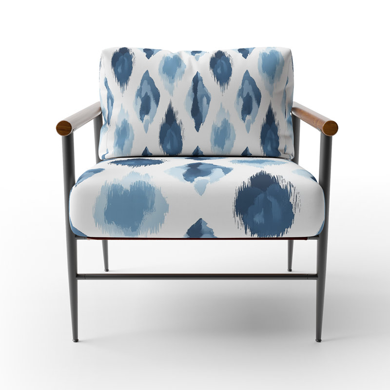 Chaise d'appoint moderne - Fauteuil bleu et blanc Ikat, Bras ronds bruns