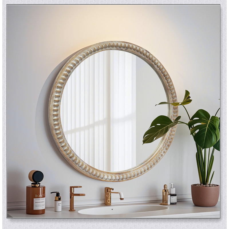 Miroir mural rond rond avec cadre perlé en bois vieilli, parfait pour l'entrée et le salon, 23,62 po x 23,62 po
