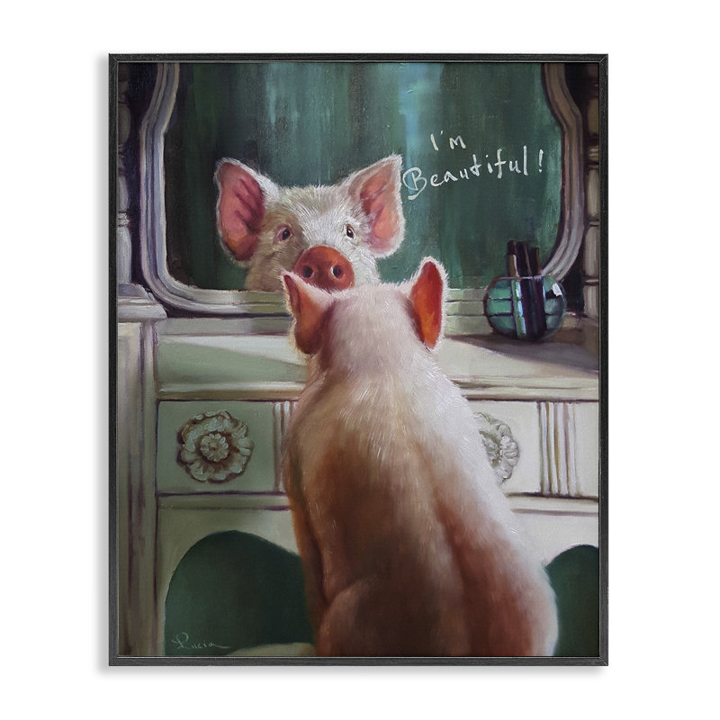 «I'm Beautiful Pig in Mirror Illustration», impression, H 20 po x l 16 po, Giclée encadrée noir minuit