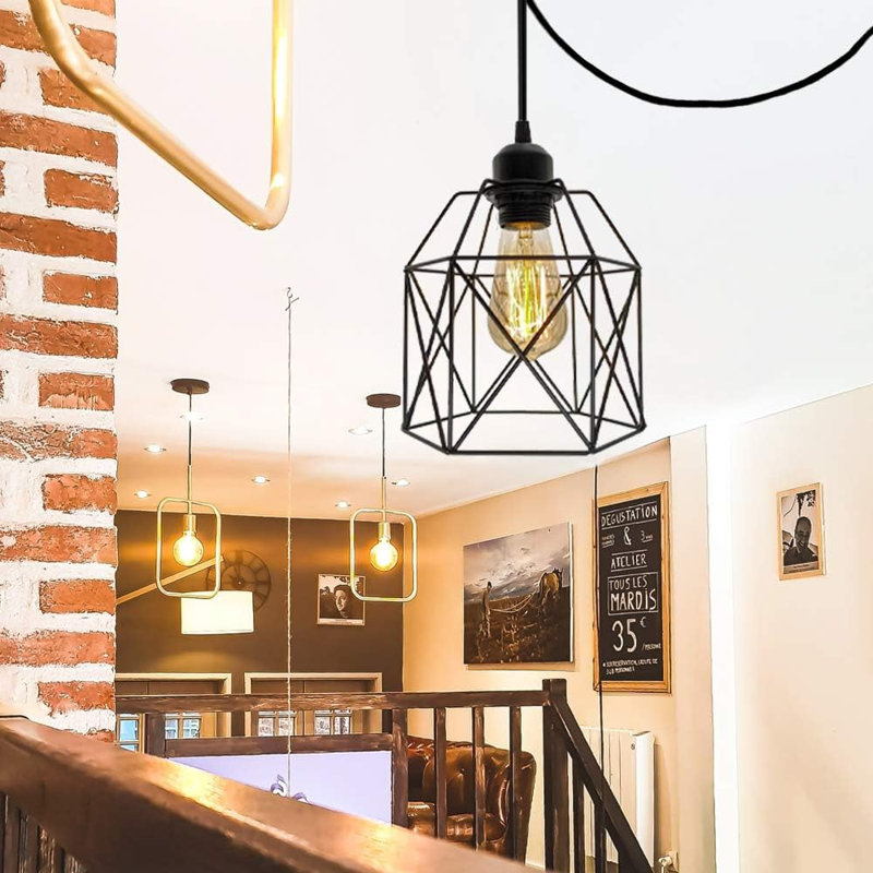 Industrial Plug In Pendant Light, Black Cage Pendant Light Fixture With On/Off Switch, E26 Socket Vintage Hanging Light, Farmhouse Pendant Lighting For Kitchen Living Room Dining Room