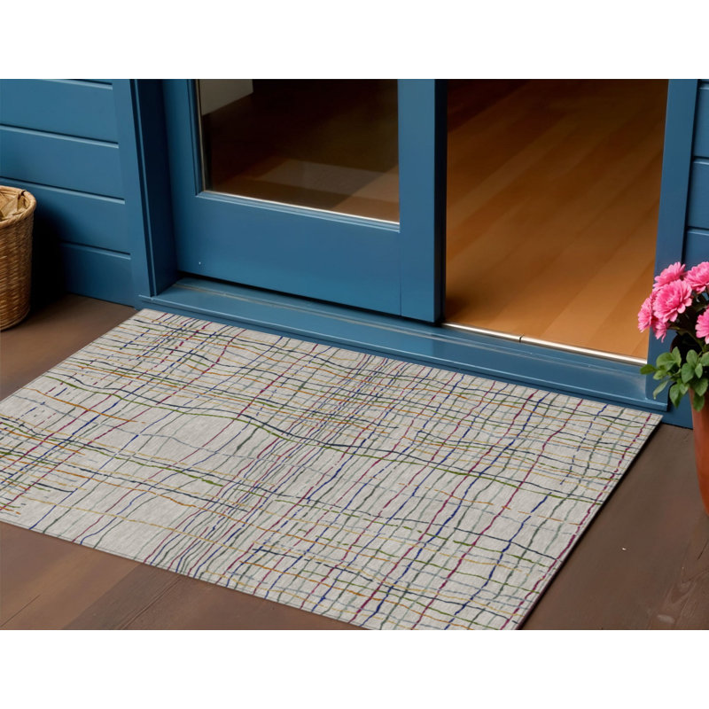 3' X 5' Ivory Pink And Copper Striped Washable Indoor Outdoor Area Rug