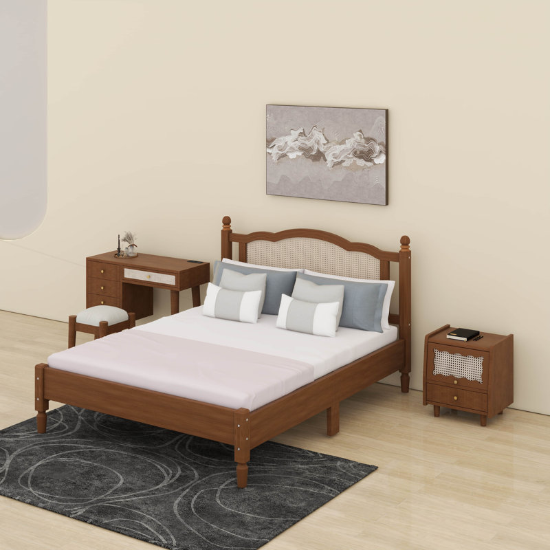 Ensemble de chambre à coucher 3 pièces avec cadre de lit en bois, 1 table de chevet rétro et 1 coiffeuse de maquillage avec tabouret
