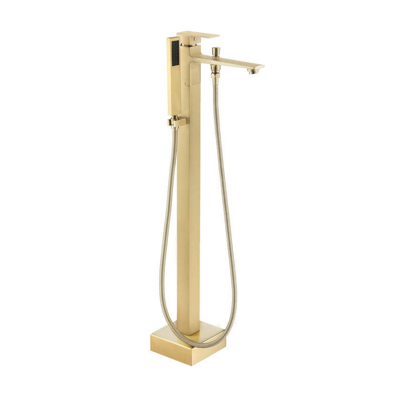 Single Handle Free Standing Bathtub Faucet with Diverter and Handshower, Brushed Gold