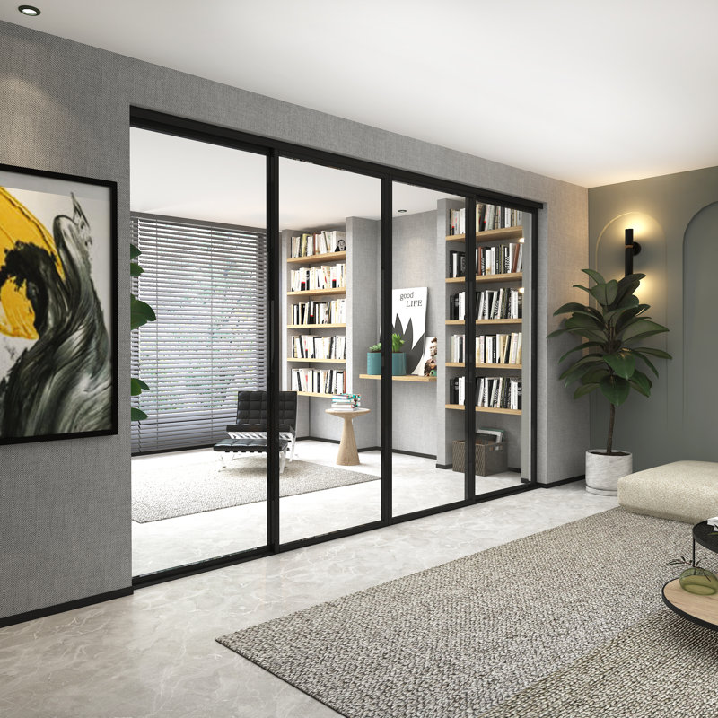 Cloison 4 panneaux coulissants en verre transparent - structure en aluminium avec technologie Silent Glide, 120 po x 96 po