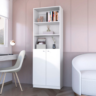 Bibliothèque à 2 portes en blanc, créant une solution de rangement élégante en blanc avec des tablettes ouvertes et à double porte