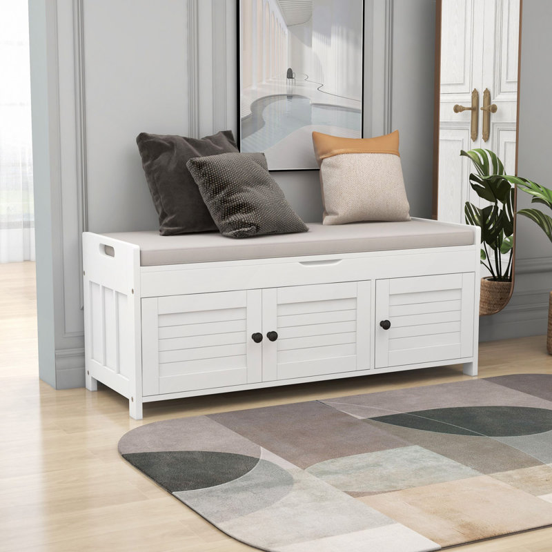 Storage Bench With 3 Shutter-Shaped Doors, Shoe Bench With Removable Cushion And Hidden Storage Space, White