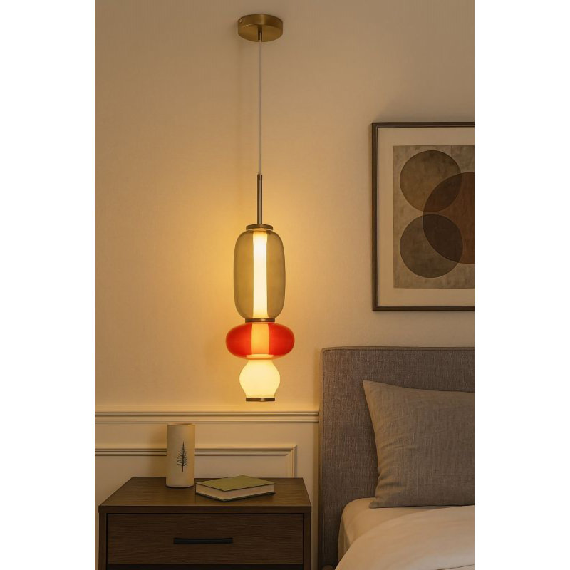 Luminaire suspendu 1 lumière DEL dorée avec abat-jour en verre multicolore