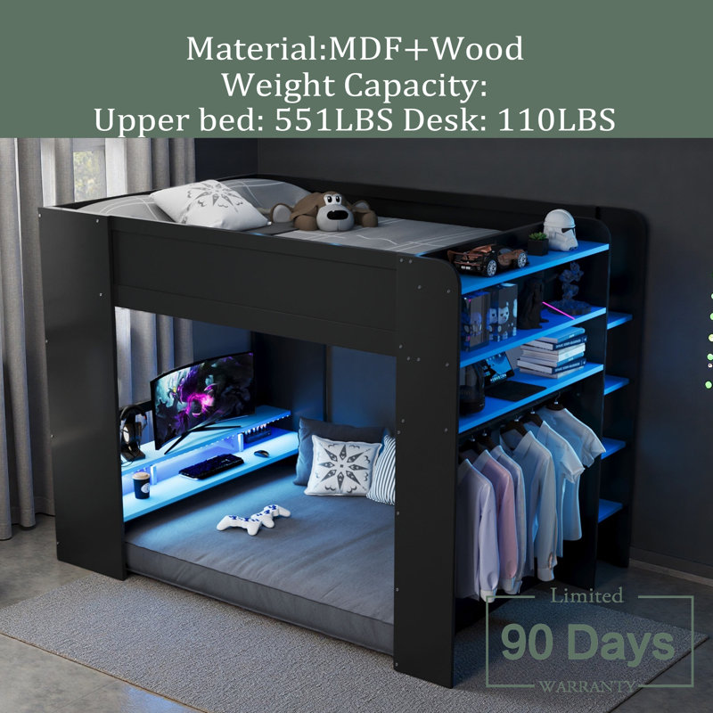 Full Size Wood Bunk Bed With Height-Adjustable Desk,Wardrobe,Ample Storage Space,And RGB Light, Blue