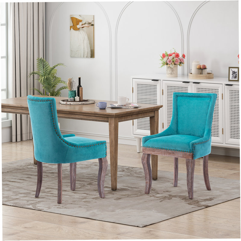 Ultra Side Dining Chair, Thickened Fabric Chairs With Neutrally Toned Solid Wood Legs, Nail Head, Set Of 2, Blue