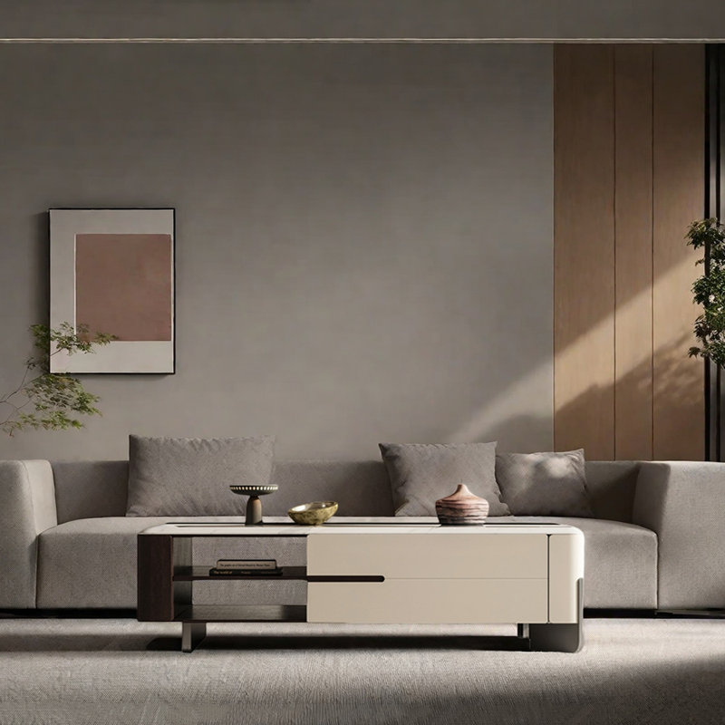 Modern minimalist marble coffee table, 16.53" H x 55.11" L x 31.49" W