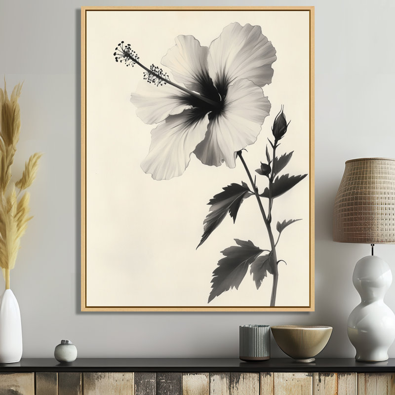 Tige d'hibiscus esquissée - Tableau botanique beige encadré sur toile, H 20 po x l 12 po, Cadre naturel flottant