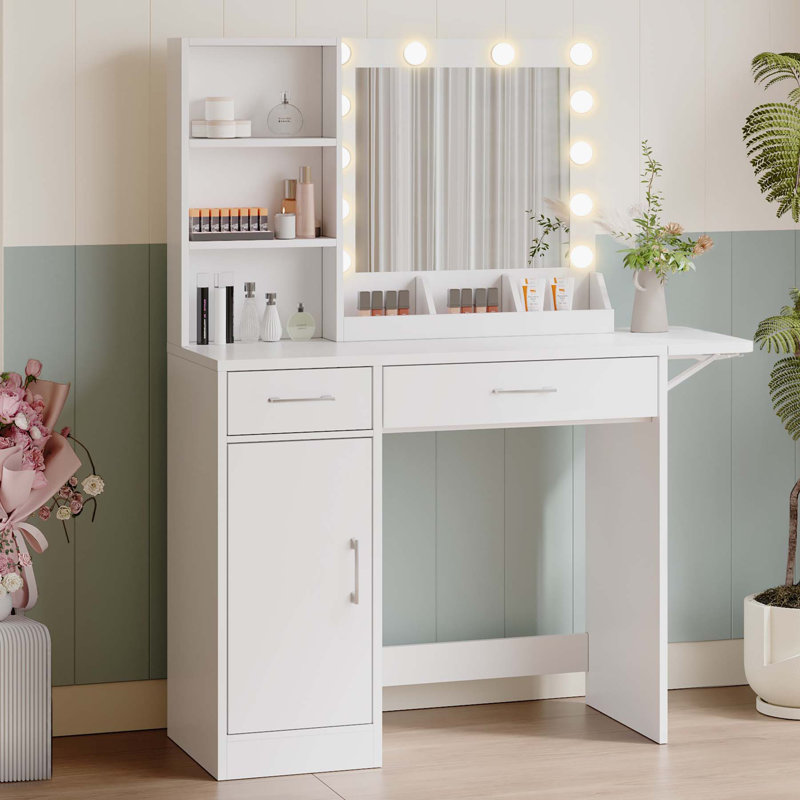 Bureau de coiffeuse avec tiroirs et miroir avec lumières (blanc), Blanc