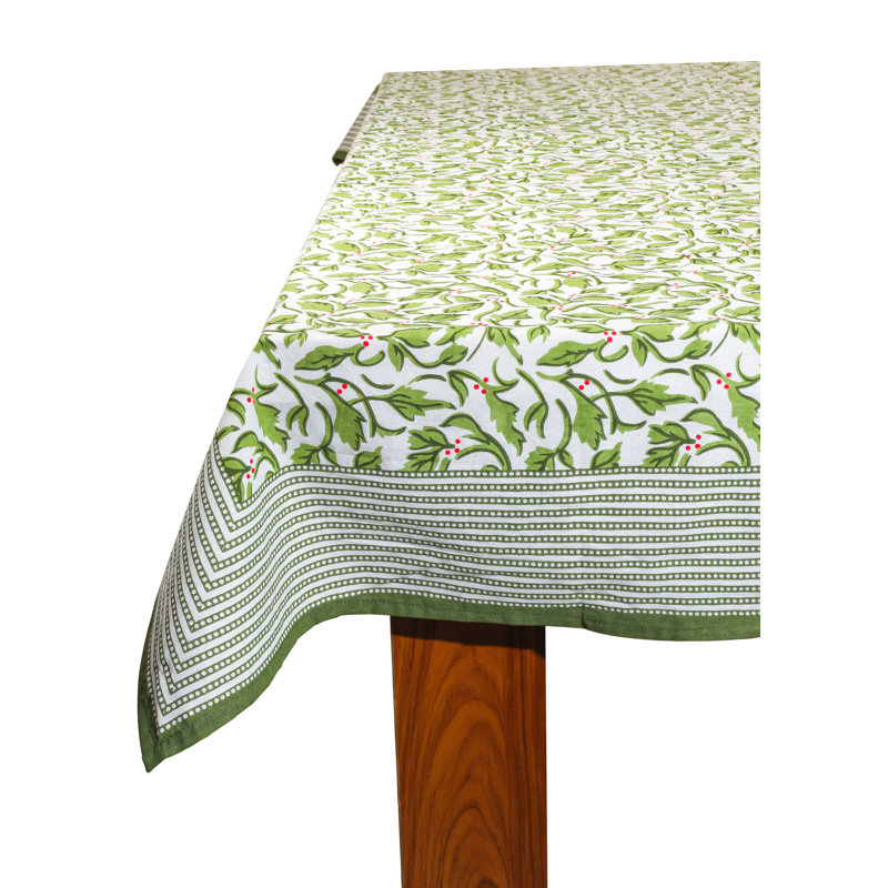 Evergreen Elegance Block Print Cotton Tablecloth