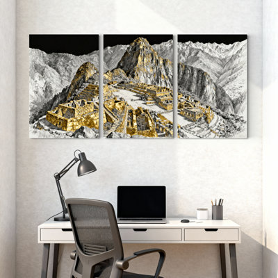landmark building Golden Machu Picchu Mountain Reflection Art Set of 3 Canvas Wall Art Prints
