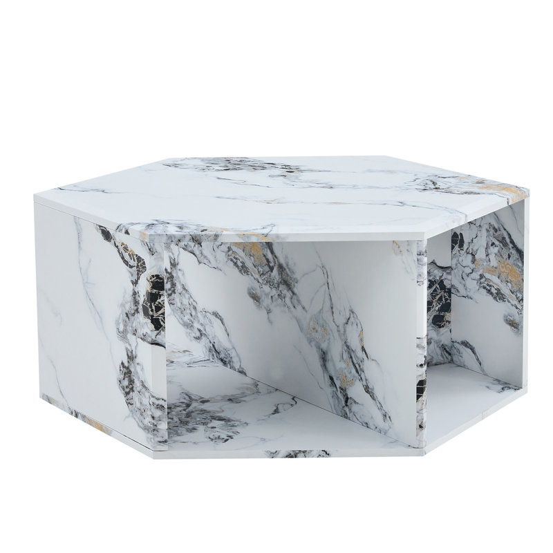 Hexagonal MDF Coffee Table, White Marbl Pattern Stickers, Multi-Hole Design To Give More Storage Space, Simple And Convenient Design Makes It Suitable For All Kinds Of Style Scenes.