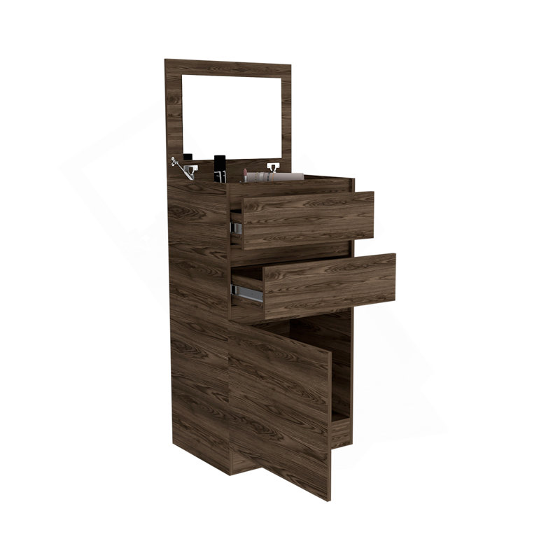 Commode H 43 po, boîte à bijoux, miroir, armoire à une porte, deux tiroirs, noyer foncé