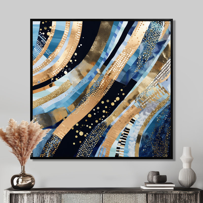 Summer River Glam Sparkling Gold - vagues, impression d'art mural, Toile avec cadre flottant noir, H 16 po x l 16 po x P 1 po
