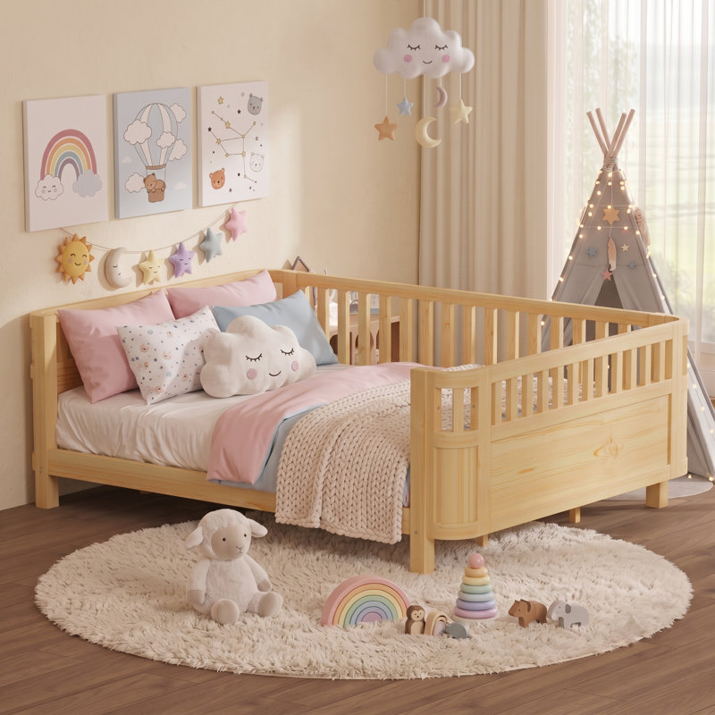 Low Profile Kids Platform Bed with Safety Rails, Removable Guardrail Toddler Bed Frame, Wood Slat Support, Natural, Queen