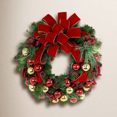 Red and Gold Holiday Wreath with Ornaments and Pine Cones