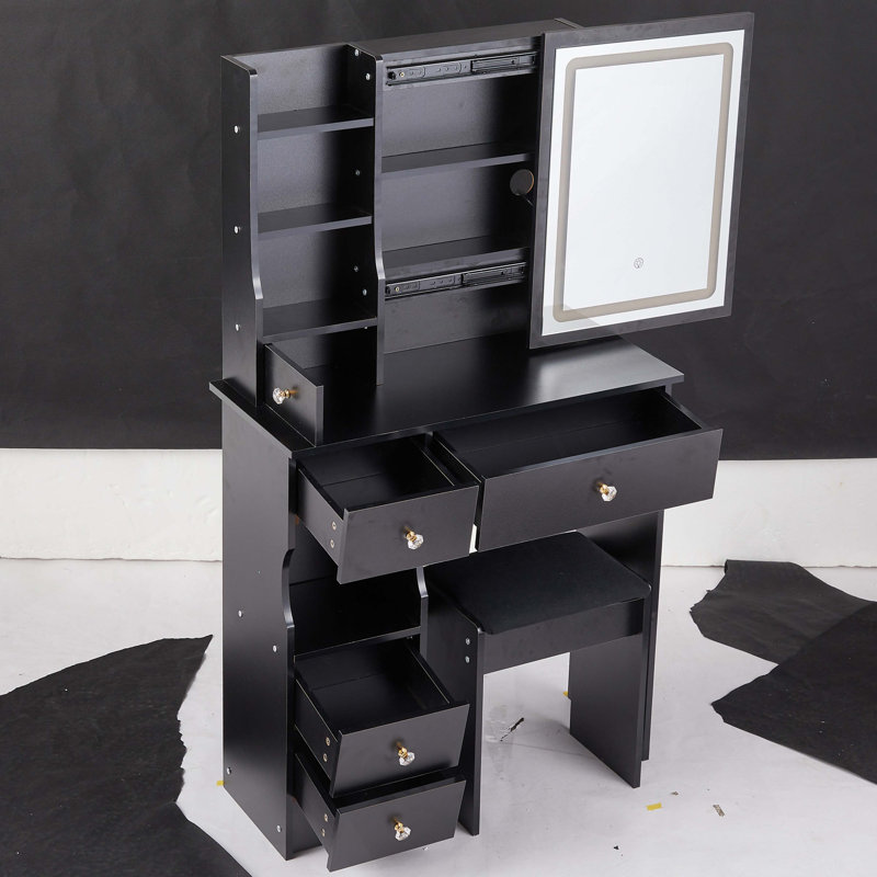 29.2" Small Size Desktop LED Light Vanity Table   Cushioned Stool, Large Sliding, Touch Control, Tri-Color Switching, Brightness Adjust LED Mirror, High Capacity Storage
