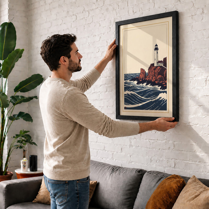 Lighthouse In Turbulent Seas Coastal - Print, A2 - 59.4 x 42.0 cm, Black