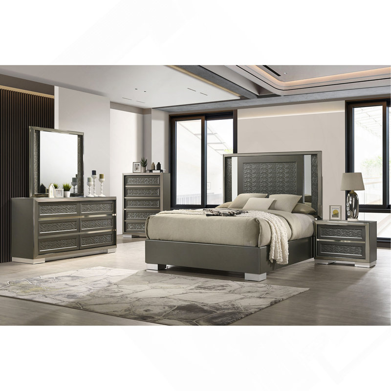 Contemporary Style Chest 1Pc 5-Drawers Bracket Feet Leaf Pattern Felt Lined Top Drawers Dark Grey Finish