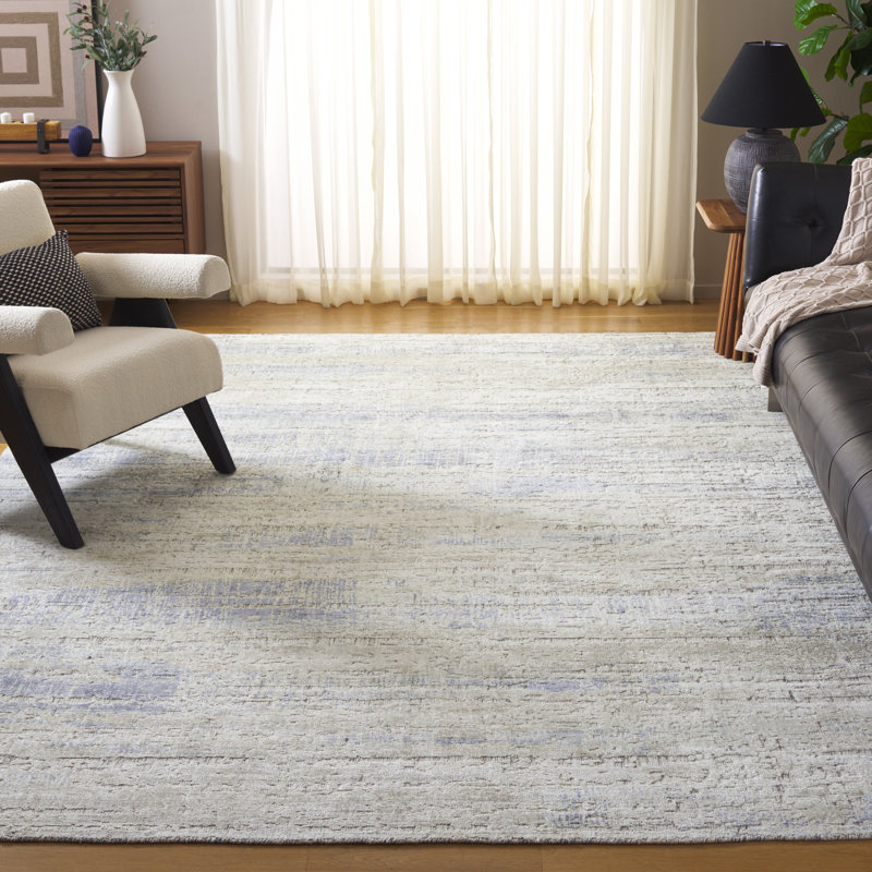 Tapis gris / bleu en viscose / coton / laine sans motif Bedford 201 tissé à la main, Rectangle 9 pi x 12 pi
