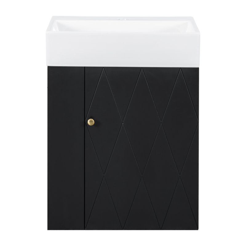 Meuble-lavabo de 20 po avec lavabo en céramique, porte à motif de losanges, poignées dorées et tablettes de rangement latérales - petit cabinet moderne avec barre à serviettes, fabrication en panneau de fibres à densité moyenne, assemblage requis