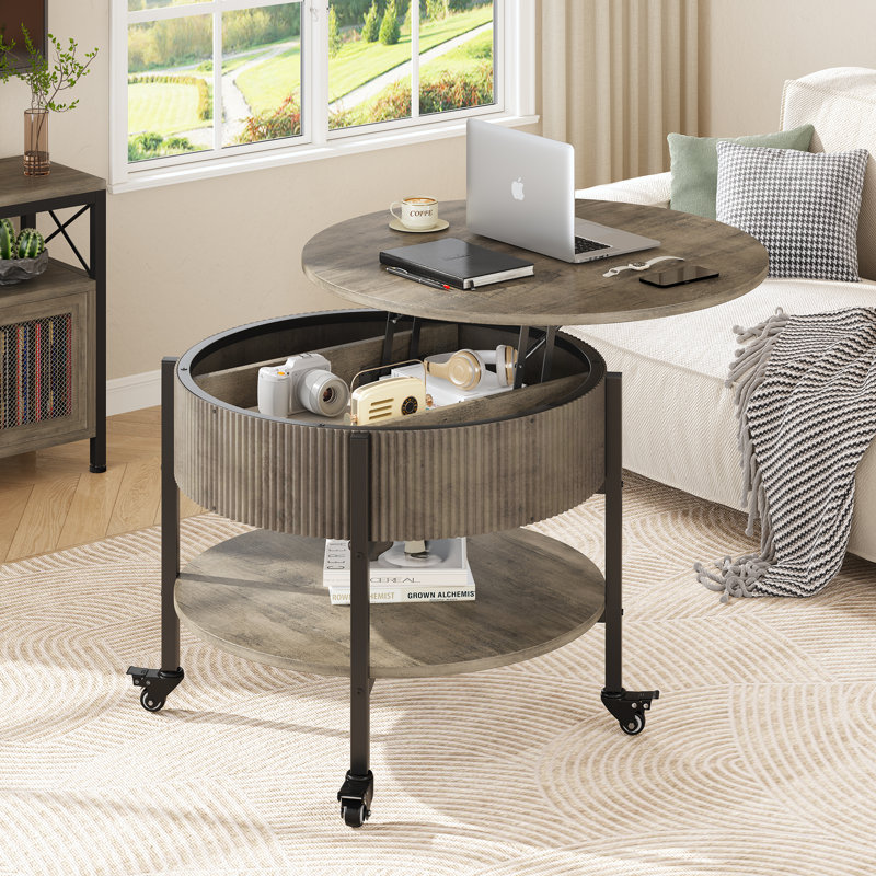 Table basse ronde avec roulettes, Bois gris