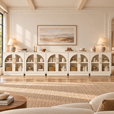 Arden 157.5"W Extra Large Modular Arched Sideboard with 10 Glass Doors and Adjustable Shelves
