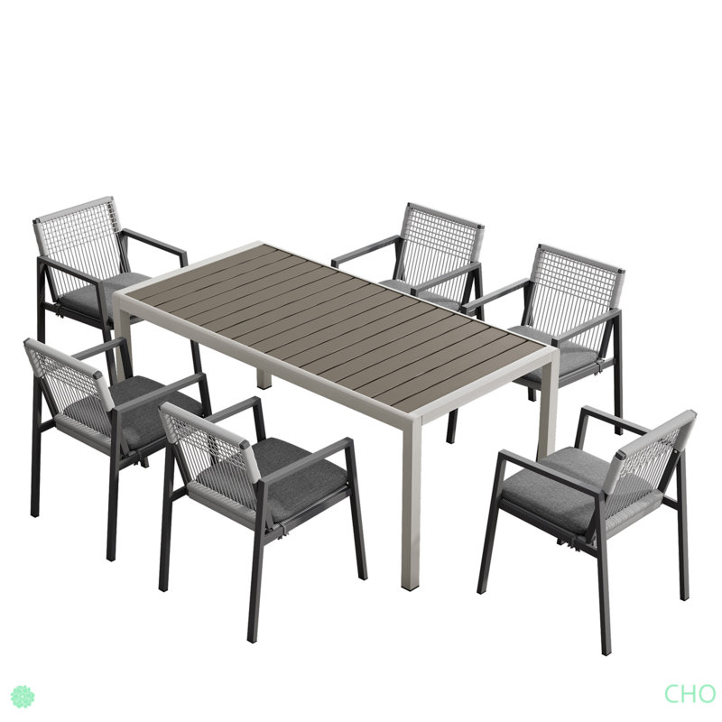 Outdoor Dining Set, Aluminum Dining Chair Set Of 6 With Rope+Aluminum Dining Table With Faux Wood Top