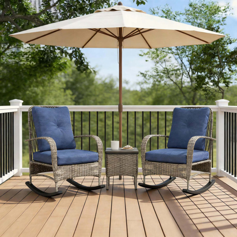 Balcony Furniture Set,3 Piece Wicker Patio Furniture Set, Gray, Blue