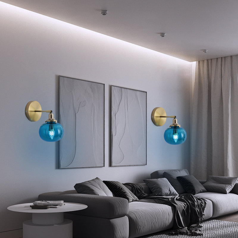 Modern Copper Blue Glass Ball Wall Sconce Mid Century Wall Mounted Light With Bedside