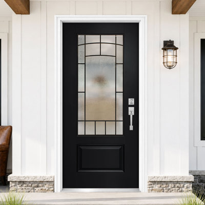 36 In. x 80 In. Fiber-Reinforced Front Entry Door, Left-Hand Inswing, Wrought Iron Obscure Glass, Knock-Down Design, 6-9/16 Vinyl Frame & Brickmould